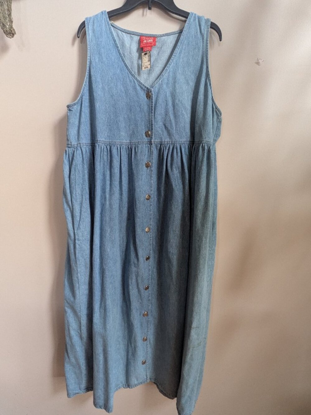 vintage venezia nwt jean light denim sleeveless dress button up pockets #289